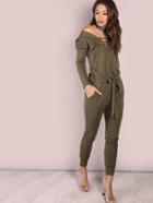 Shein Slouchy Lace Up Cotton Jumpsuit Olive