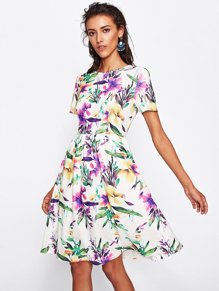 Shein Botanical Print Fit & Flare Dress
