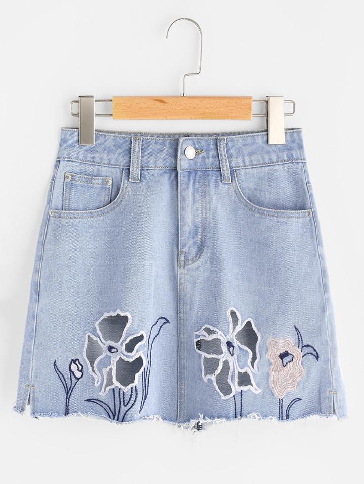 Shein Faded Wash Cutout Embroidered Raw Hem Denim Skirt