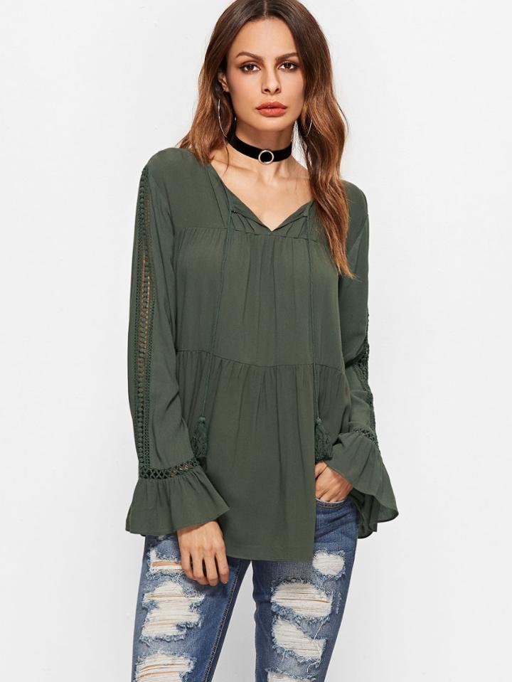 Shein Army Green Contrast Crochet Trim Tassel Tie Top