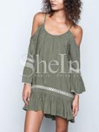 Shein Army Green Long Sleeve Off The Shoulder Embroidered Dress