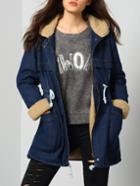 Shein Navy Lapel Zipper Pockets Denim Coat