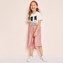 Shein Girls Graphic Tee & Pleated Satin Skirt Set