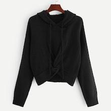 Shein Twist Hem Solid Drawstring Hoodie Sweater