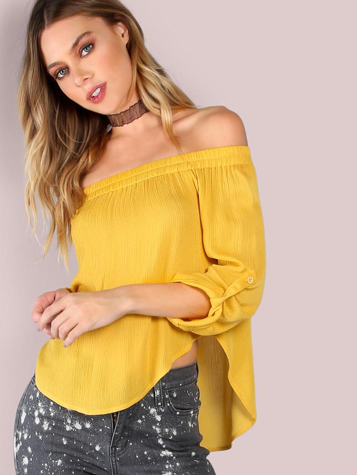Shein Yellow Off The Shoulder Tie Sleeve Top