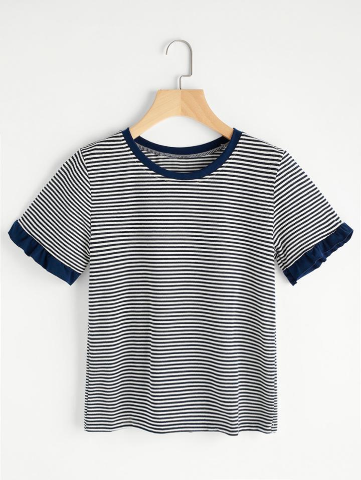 Shein Pinstripe Contrast Trim Frill Cuff Tee