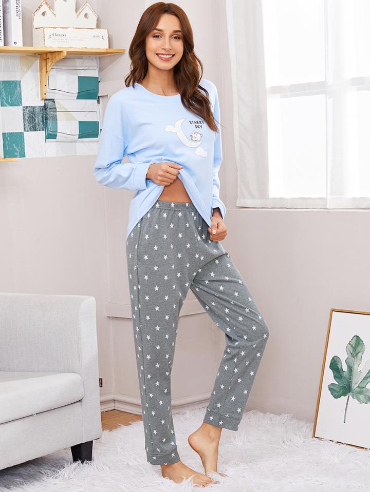 Shein Cartoon Print Top & Star Pants Pajama Set