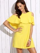 Shein Yellow Cold Shoulder Ruffle Shift Dress