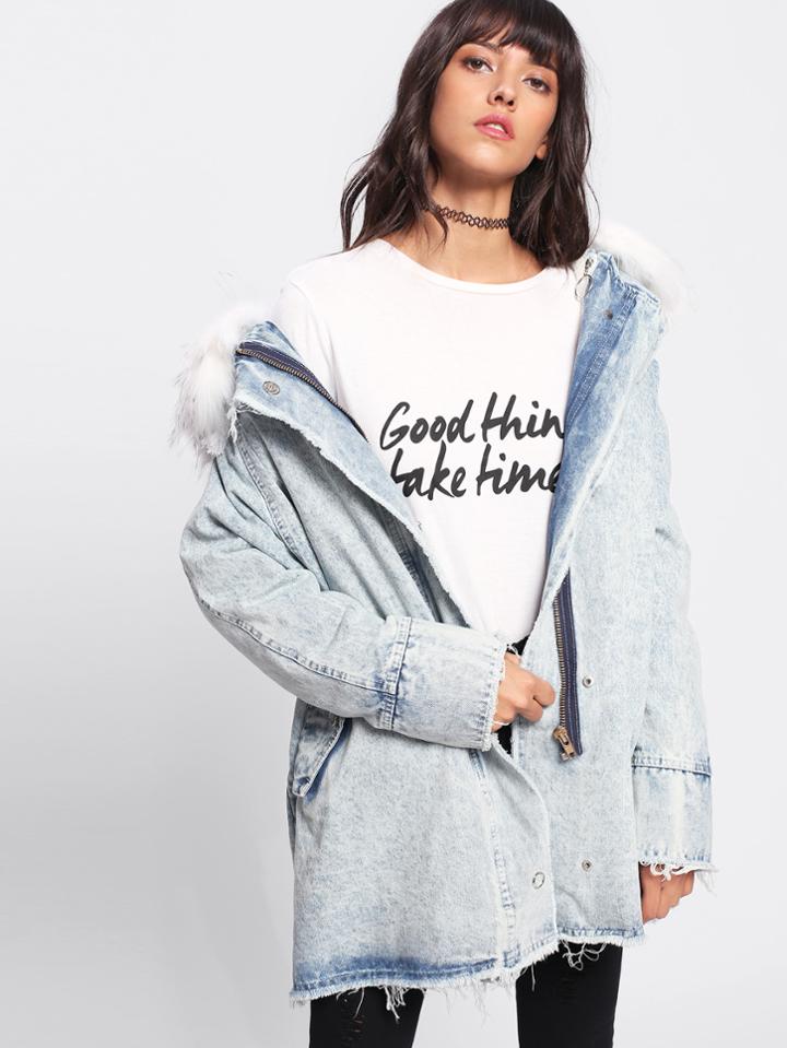Shein Faux Fur Contrast Bleach Wash Raw Hem Coat
