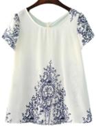 Shein Short Sleeve Blue And White Porcelain Print Blouse