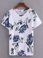 Shein Blue Ink Flower Print T-shirt