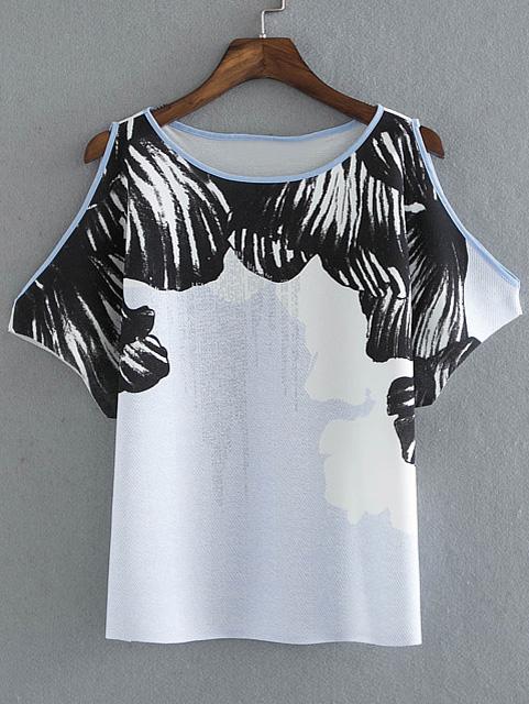 Shein Multicolor Print Short Sleeve Cold Shoulder Blouse