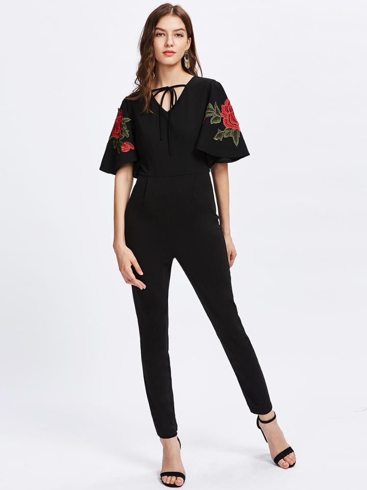 Shein Rose Embroidery Applique Flutter Sleeve Tied Neck Jumpsuit