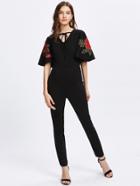Shein Rose Embroidery Applique Flutter Sleeve Tied Neck Jumpsuit