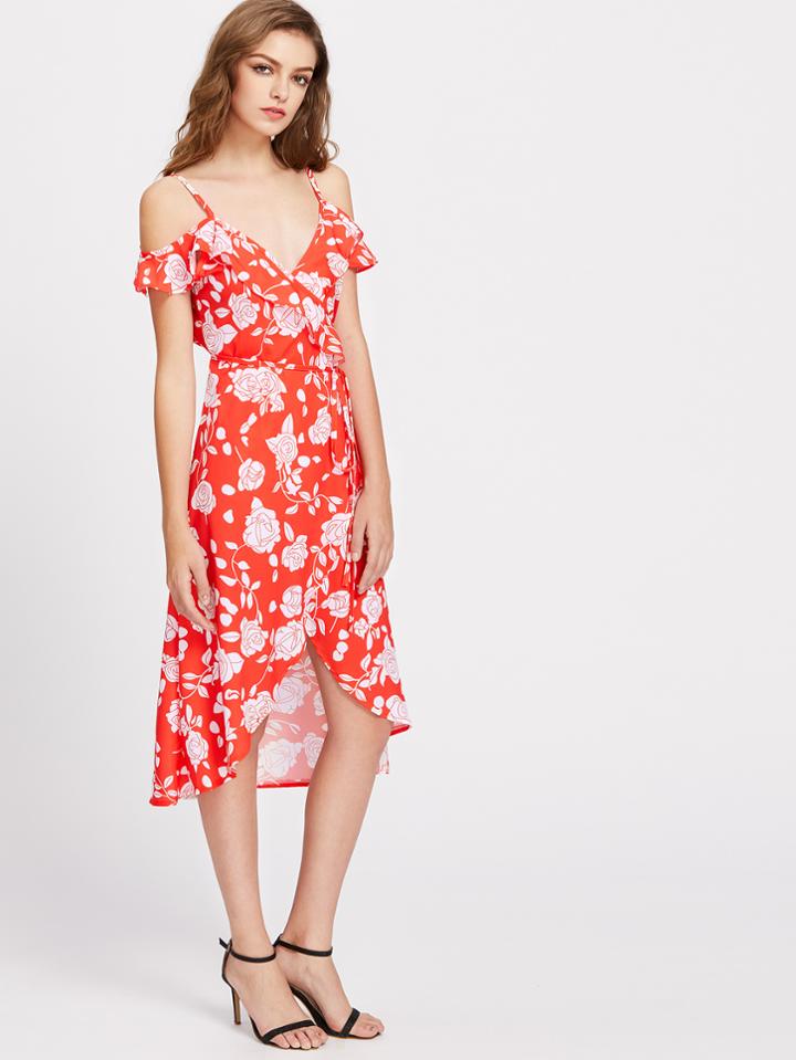 Shein Cold Shoulder Floral Print Frill Trim Self Tie Dress