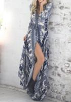 Shein Blue V Neck Tribal Print Split Dress