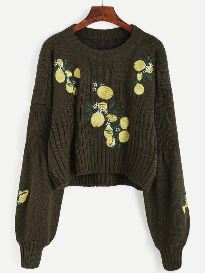 Shein Lantern Sleeve Lemon Embroidered Sweater