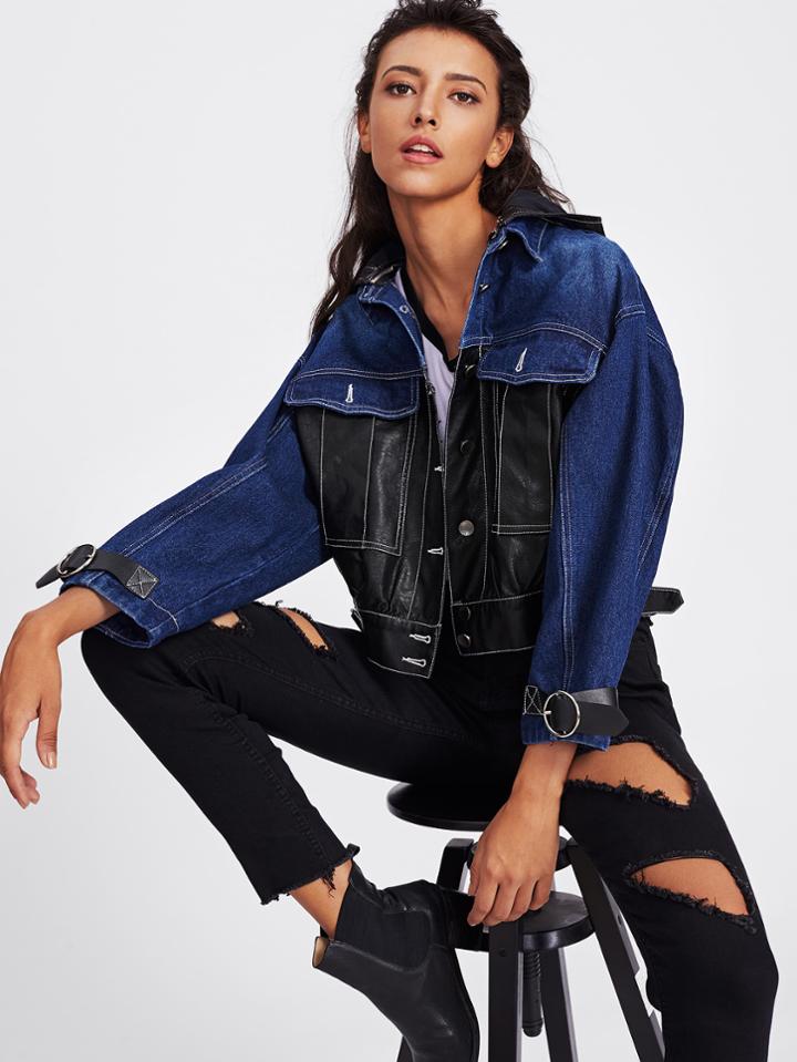 Shein Contrast Faux Leather Buckle Detail Denim Jacket