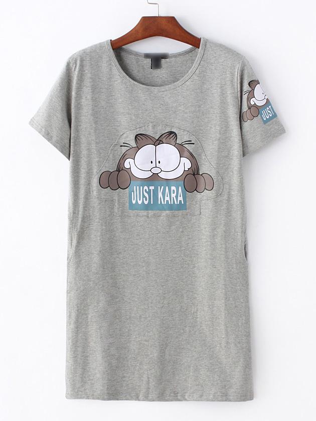 Shein Grey Round Neck Cat Printed Slim T-shirt
