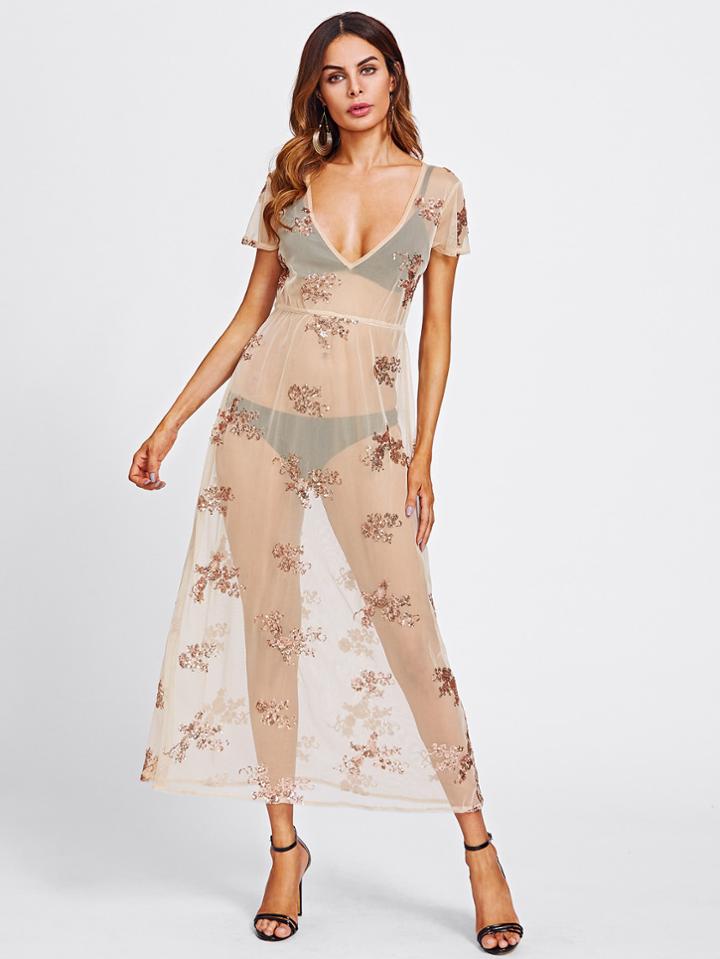 Shein Plunging Sequin See-through Dress