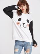 Shein White Panda Print Drop Shoulder Contrast Sleeve Sweatshirt