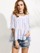 Shein Square Neck Print Contrast Lace Tie Back Top