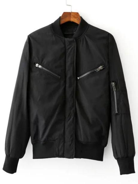 Shein Black Rib-knit Cuff Zipper Jacket