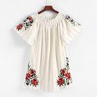 Shein Shirred Bardot Embroidery Dress