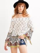 Shein White Paisley Print Tie Sleeve Off The Shoulder Top
