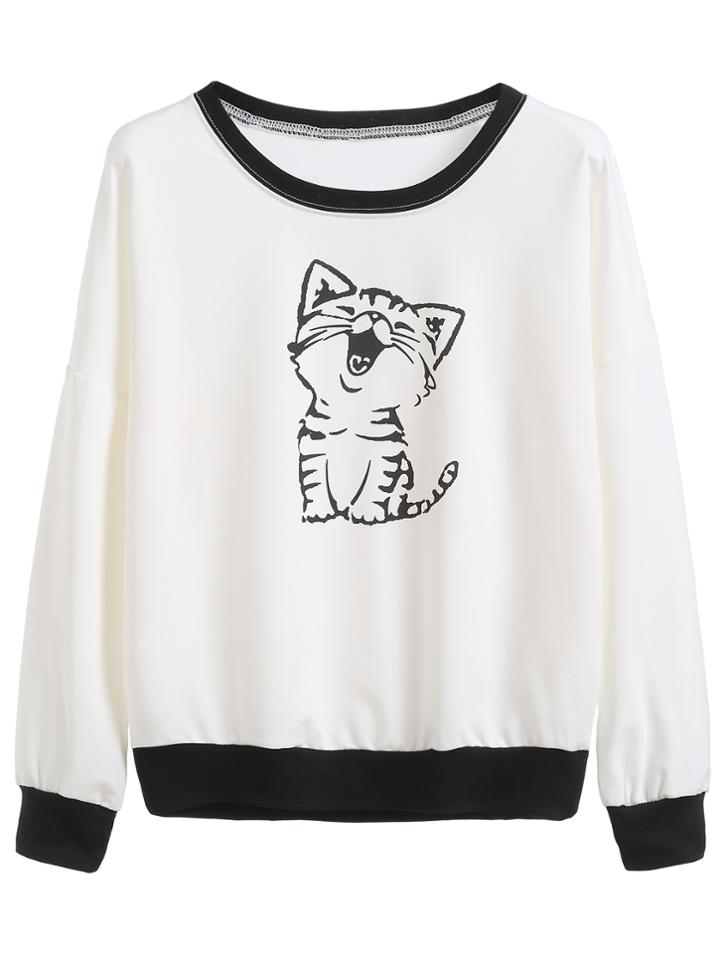 Shein Cat Print Drop Shoulder Sweatshirt