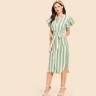 Shein Pocket Patched Button Up Striped Belted Dress