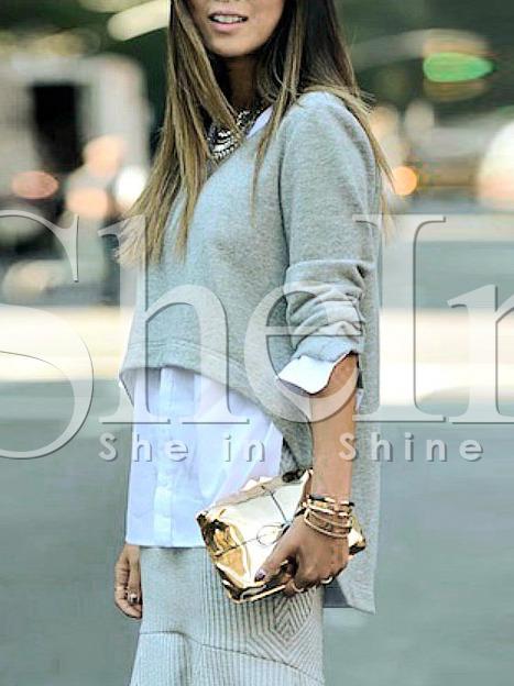 Shein Grey Long Sleeve Color Block Blouse