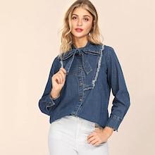 Shein Tie Neck Raw Hem Denim Shirt