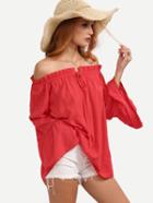 Shein Red Boat Neck Bell Sleeve Tie Ruffle Blouse