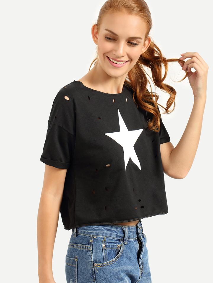 Shein Ripped Back Star Print Eyelet T-shirt - Black