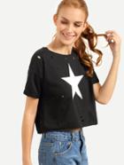 Shein Ripped Back Star Print Eyelet T-shirt - Black