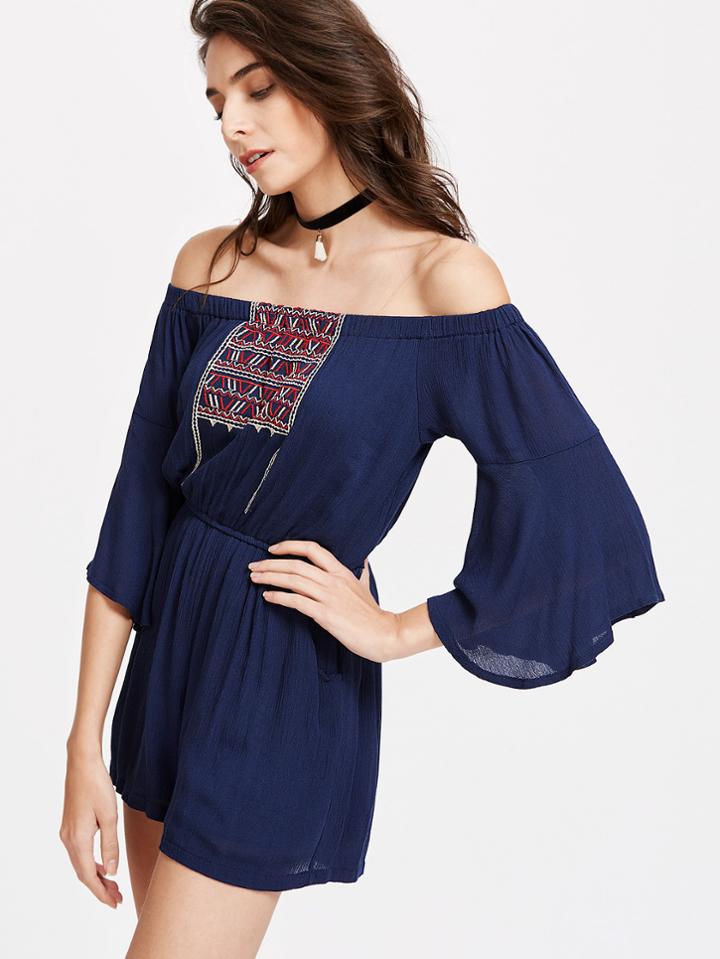 Shein Embroidery Bardot Bell Sleeve Romper