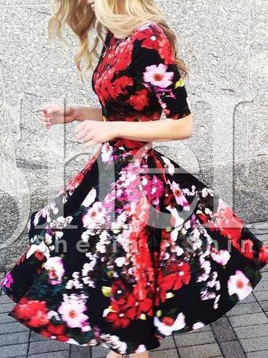 Shein Multicolor Short Sleeve Floral Pleated Dress