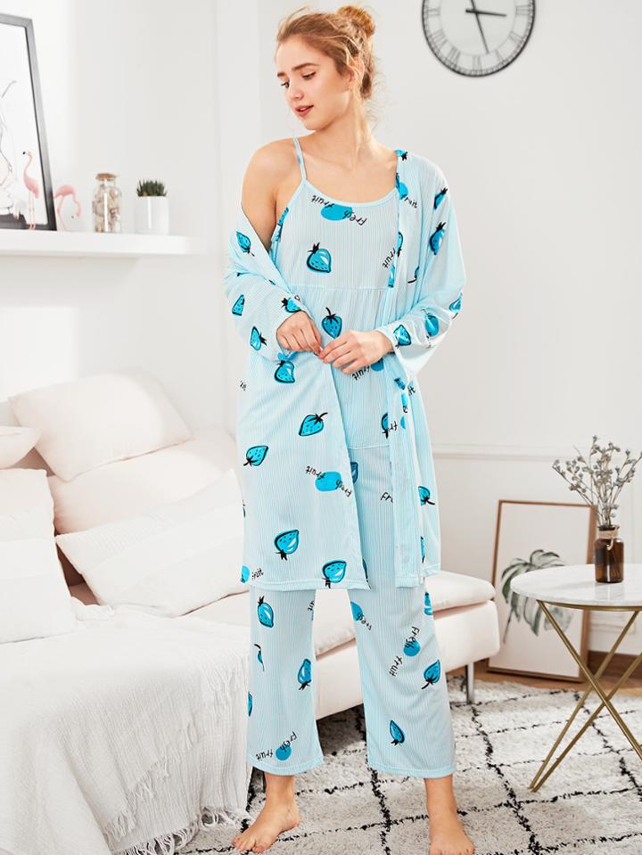 Shein Strawberry Print Cami Pj Set With Robe