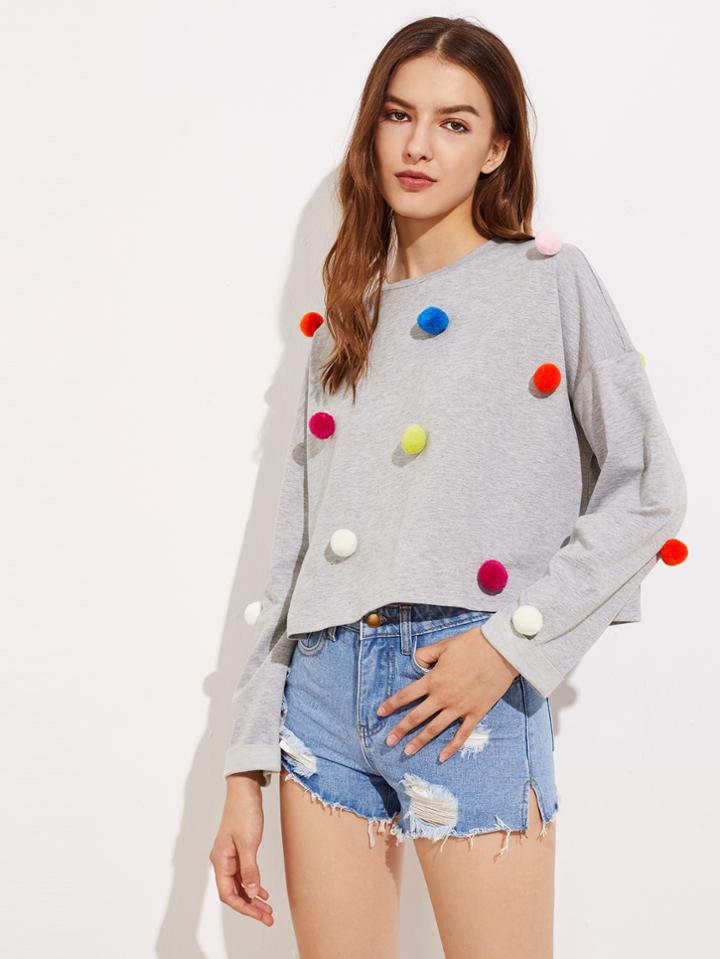 Shein Drop Shoulder Pom Pom Detail Heathered Sweatshirt
