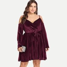 Shein Plus Tie Waist Open-shoulder Velvet Dress