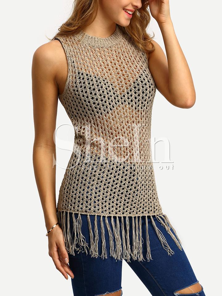 Shein Light Tan Sleeveless Crochet Tassel Tank Top