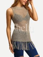 Shein Light Tan Sleeveless Crochet Tassel Tank Top
