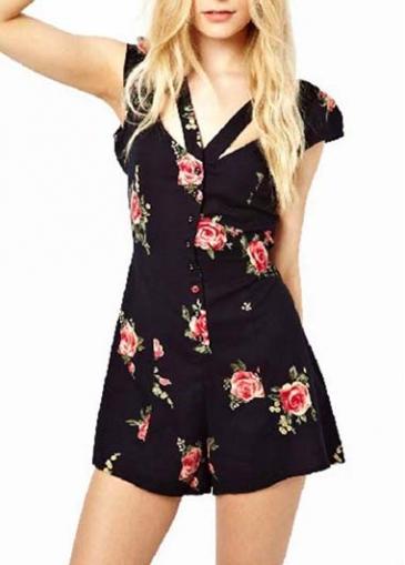 Rosewe Stylish Black V Neck Cutout Pattern Flower Print Rompers