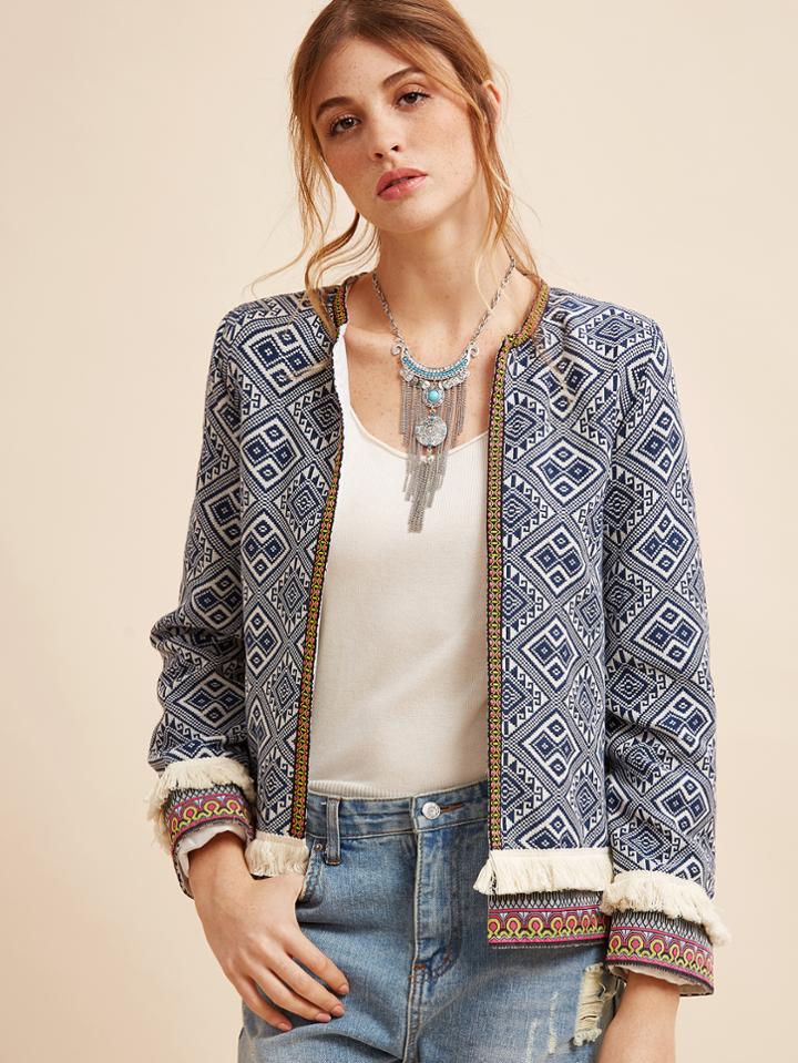 Shein Blue Fringe Trim Tribal Jacket With Embroidered Tape
