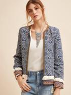 Shein Blue Fringe Trim Tribal Jacket With Embroidered Tape