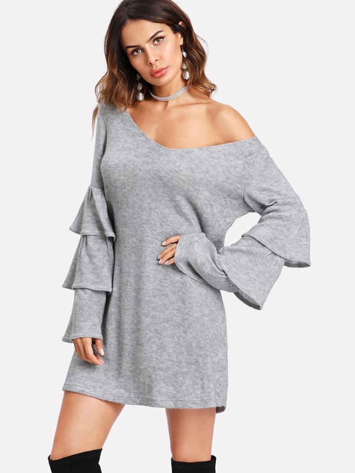 Shein Tiered Ruffle Sleeve Marled Knit Dress