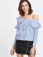 Shein Blue Striped Asymmetric Cold Shoulder Ruffle Trim Top