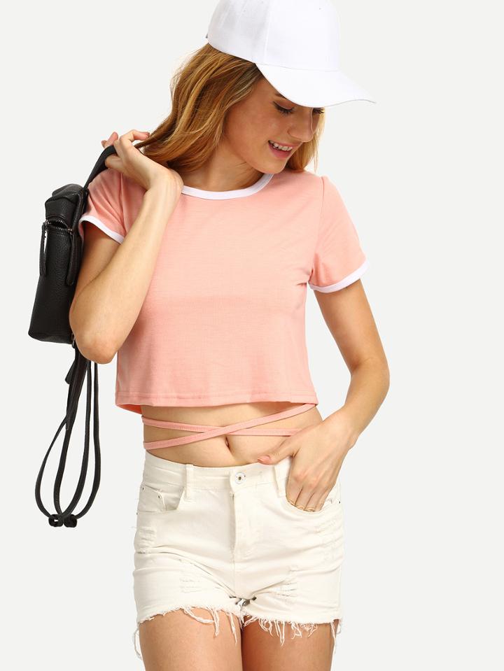 Shein Pink Contrast Trim Strappy Cross Crop T-shirt