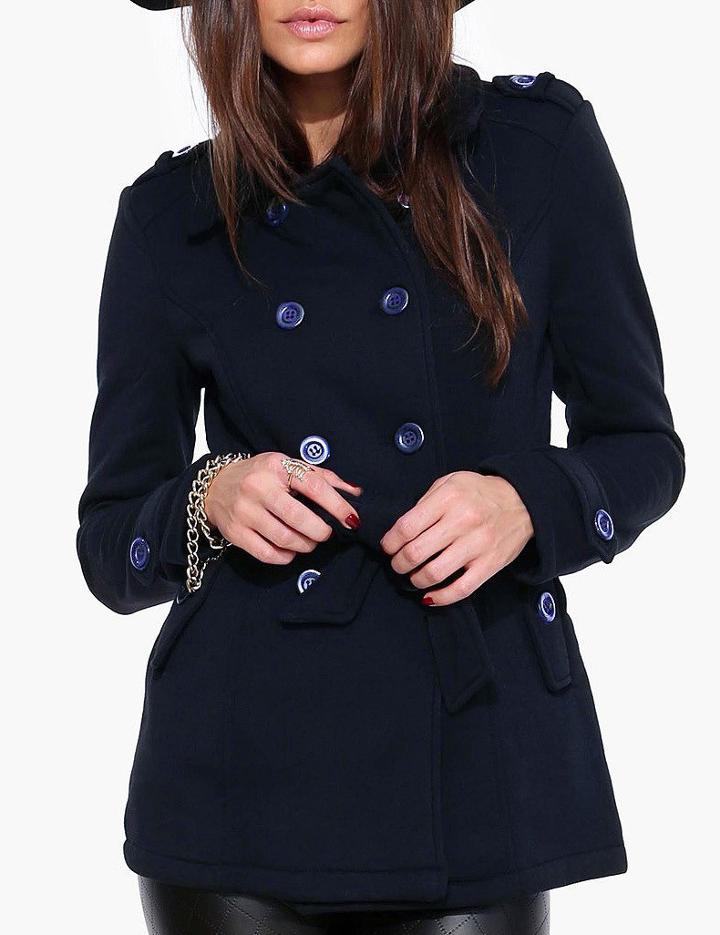 Shein Navy Double Breasted Epaulet Woolen Coat